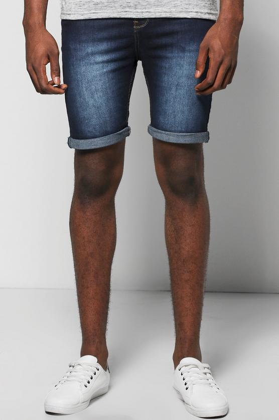 Skinny Fit Indigo Wash Denim Shorts in Long Length